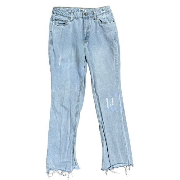 Avec Les Filles Split Hem Jeans High Rise Straight Leg Light Wash Distressed Siz - Picture 2 of 9